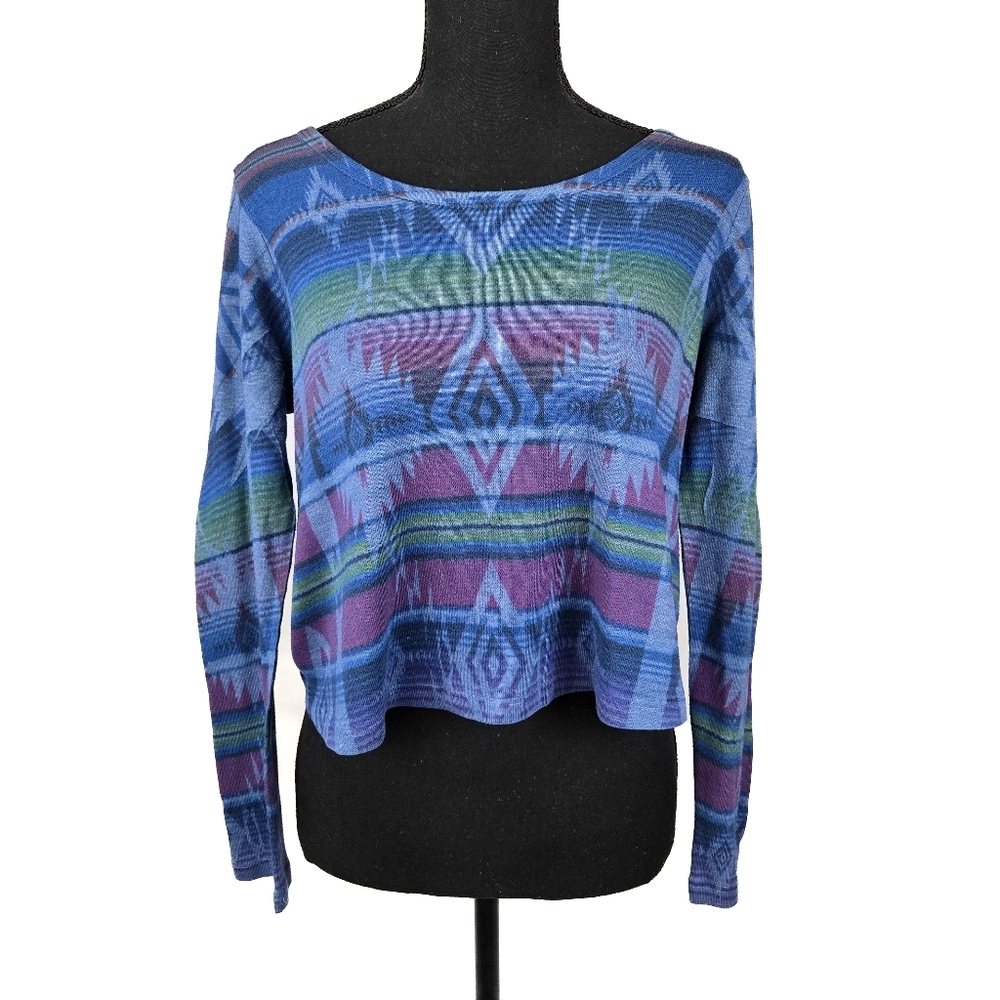 🔥 (5for$35) XXI Aztec Tribal Cropped LongSleeve Crewneck Top Size Large